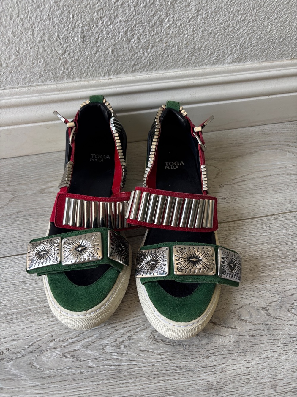 TOGA Pulla Green & Red Suede Leather-Trim Embellished Slip-On Sneakers